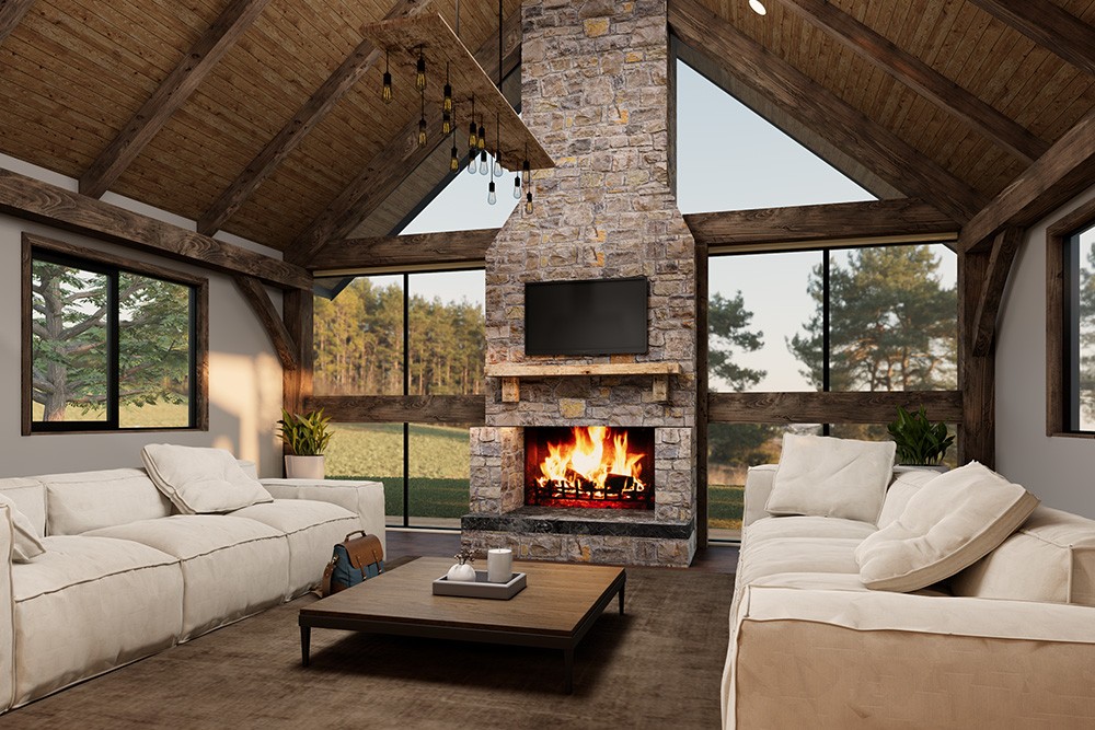 Barn-Style lounge room and fireplace  