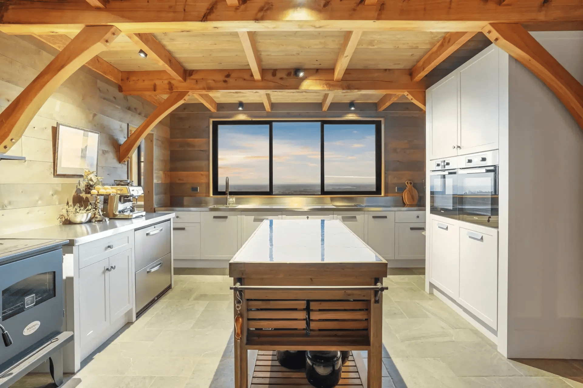 Kitchen of timber barn home